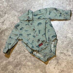 Wrangler Green Dinosaur Print Baby Collared Button Up Onesie